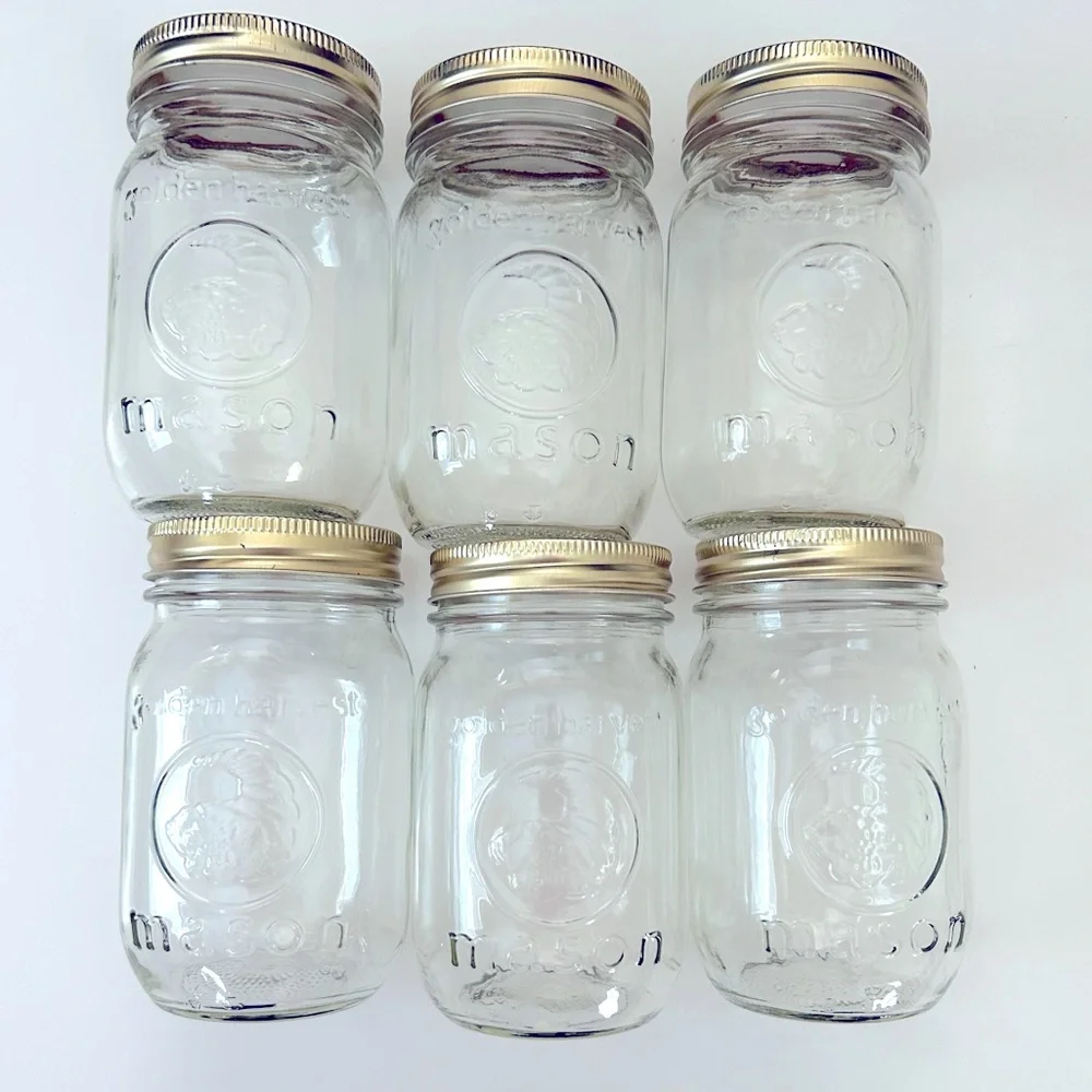 Lot of 6 Mason Golden Harvest 12 oz. Clear Glass Jars With Lids
